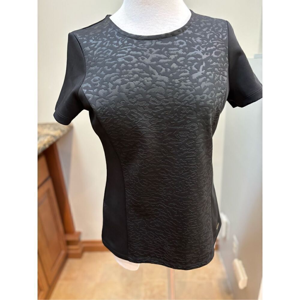 Calvin Klein M black tight fit leopard print embossed short sleeve dress shirt p